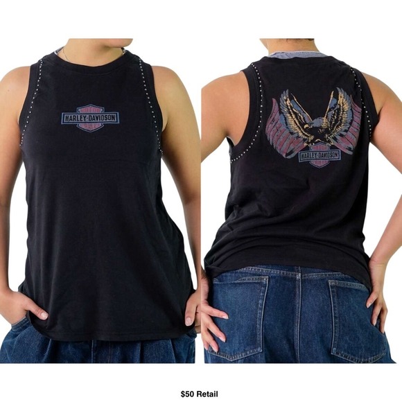 Harley-Davidson Tops - HARLEY-DAVIDSON Studded Muscle Tank Top XL Black Cotton Biker Americana Eagle